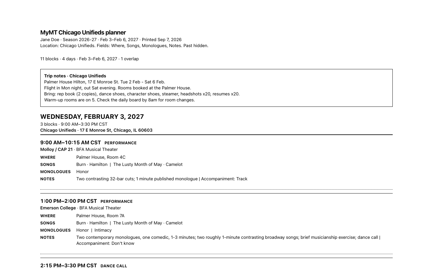 MyMT Manager printed audition call sheet with one page per day and the trip notes on the first page