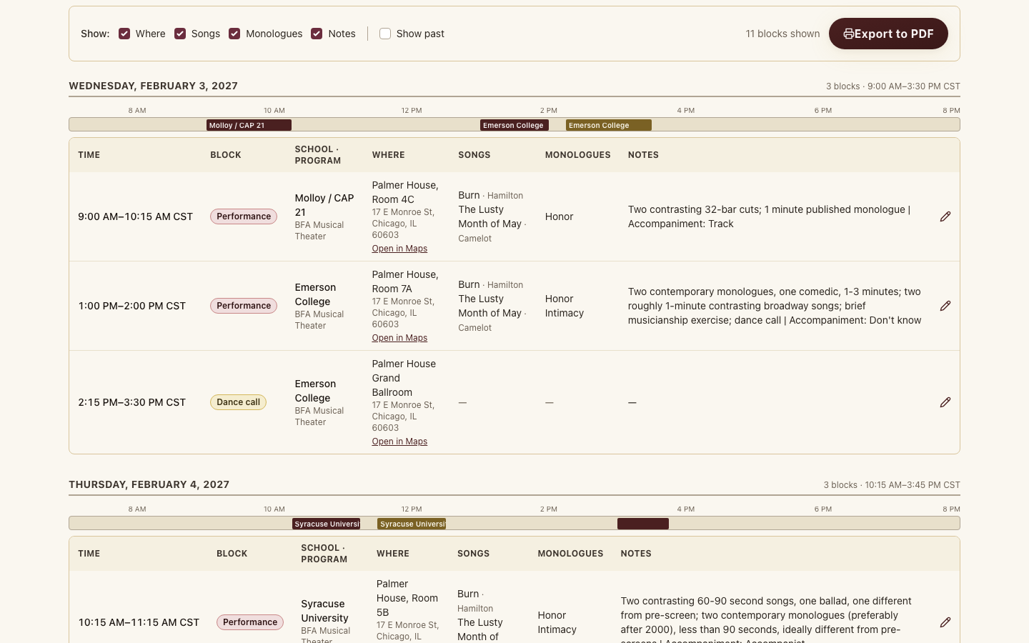 MyMT Manager Audition Planner day timeline and table with times, rooms, songs, monologues, and notes