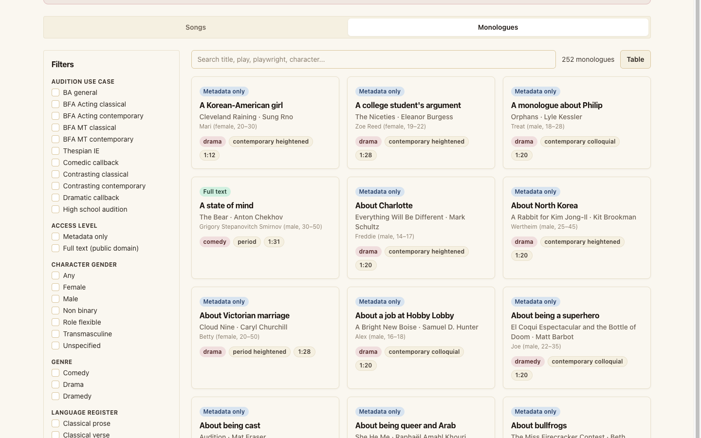 MyMT Manager monologue catalog with classical and contemporary audition monologues, full-text badges, and audition use case filters
