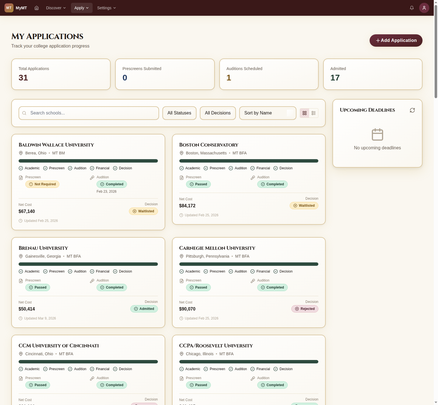 MyMT Manager applications dashboard showing prescreen and audition deadlines for each school