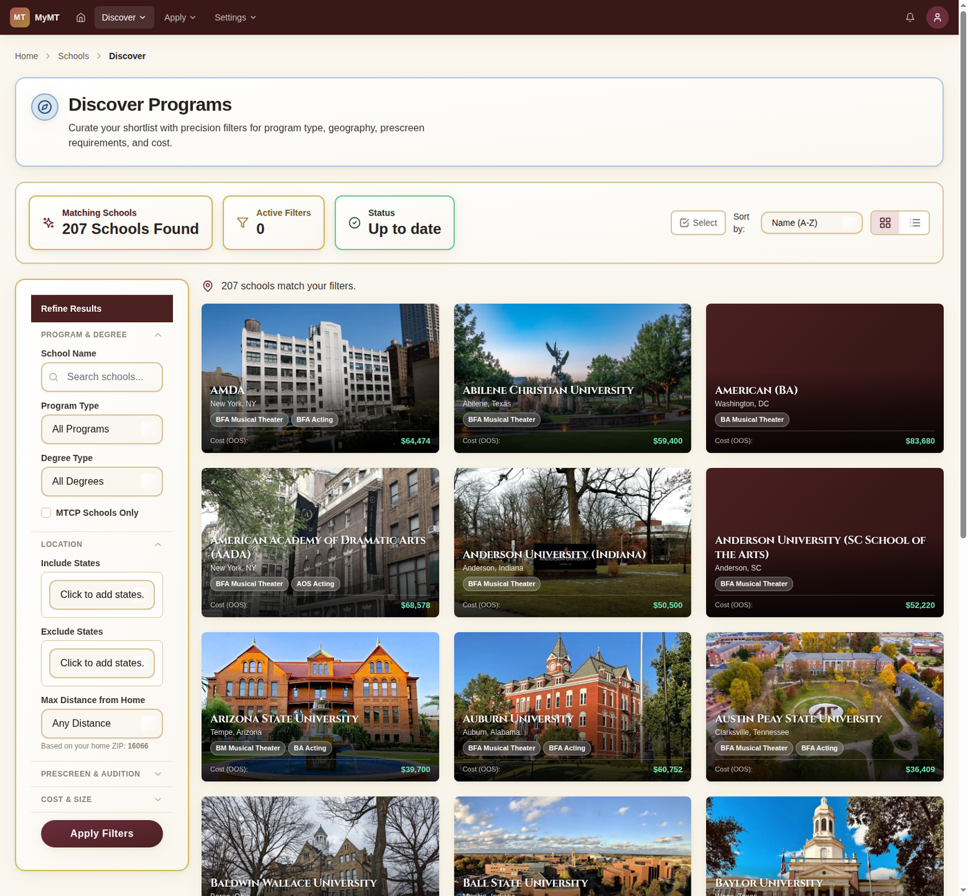 MyMT Manager Discover Programs filter panel with location, enrollment, and audition criteria for BFA Musical Theater schools