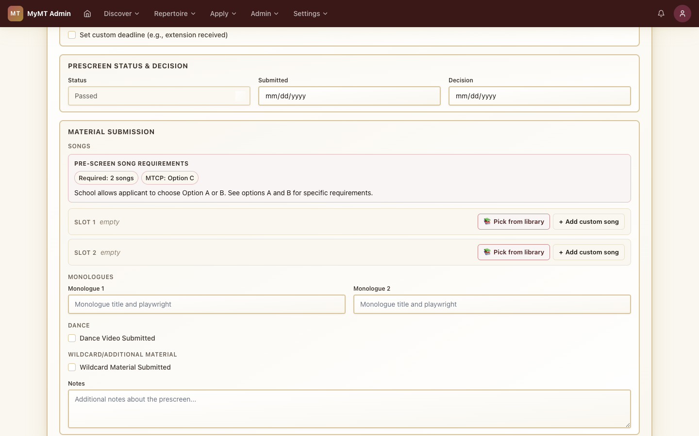 MyMT Manager application detail page showing pre-screen song requirements and slot picker.