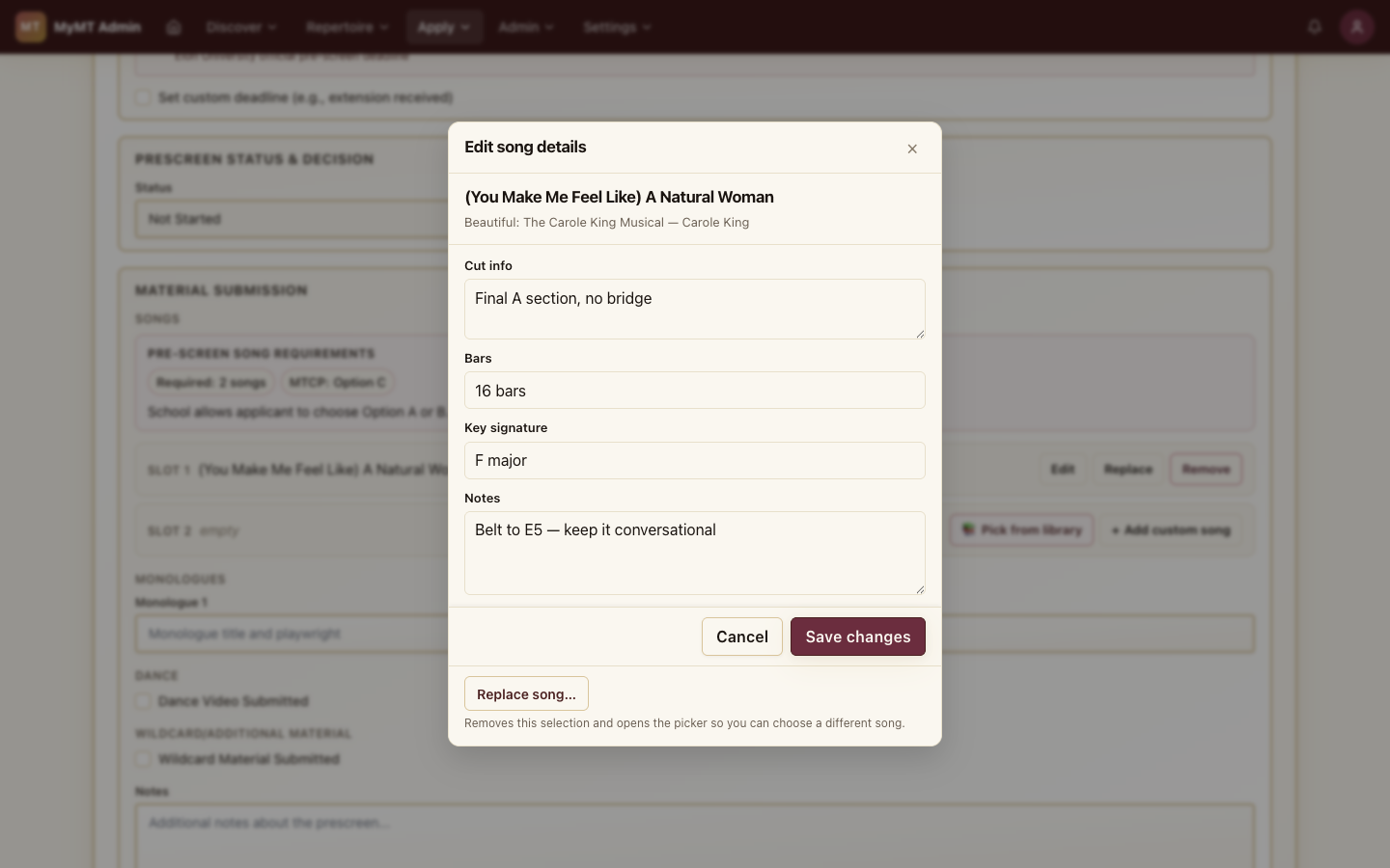 Edit Song Slot dialog with the song info read-only at the top and cut info, bars, key signature, and notes fields editable below. A separate Replace button is visible at the bottom.