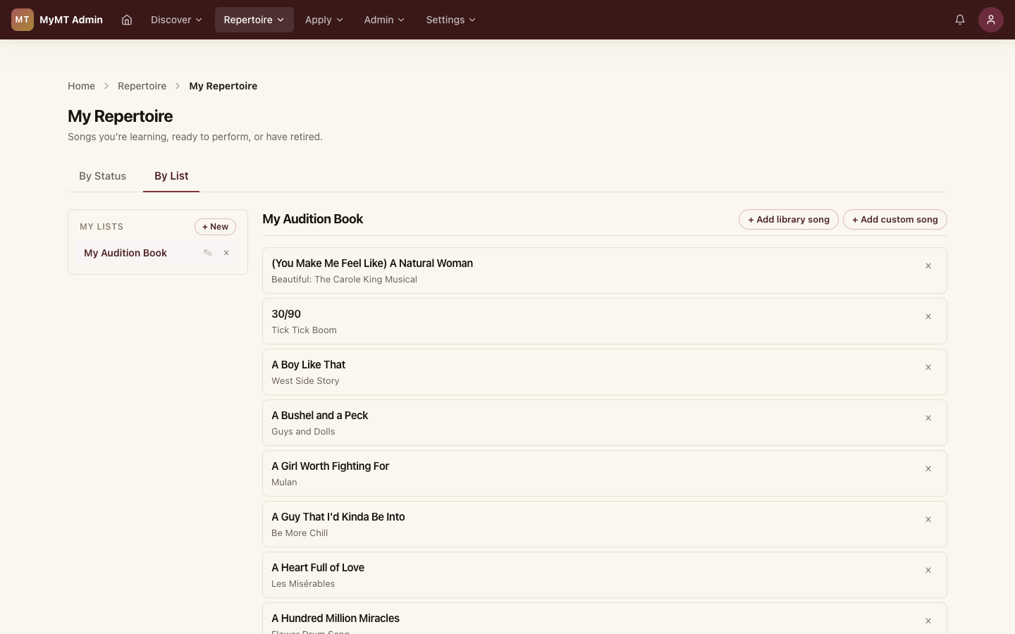 My Repertoire By List view showing a personal list named My Audition Book with multiple library songs grouped under it.