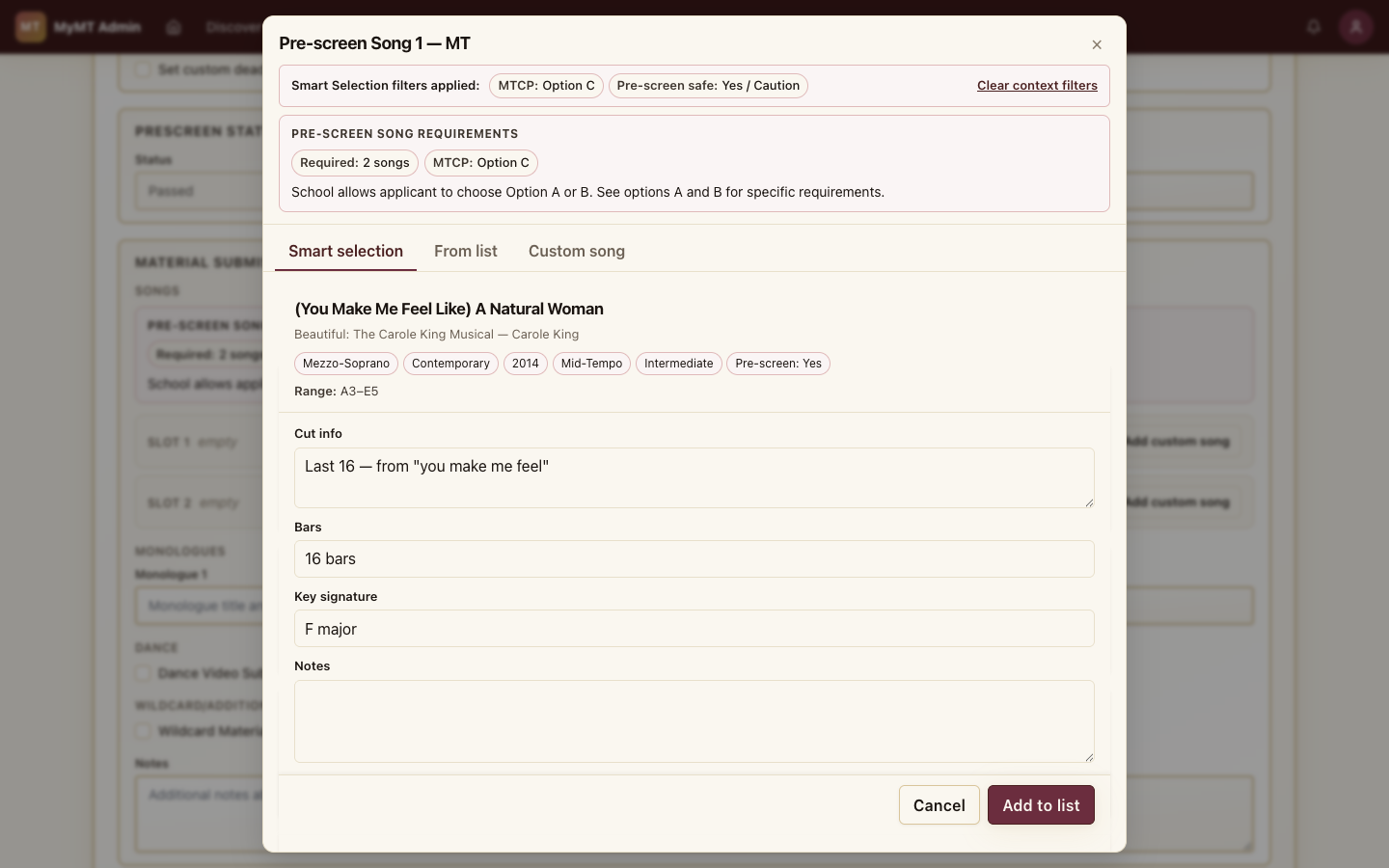 Confirmation card after picking a song — shows voice type, era, year, tempo, difficulty, prescreen safety chips and the vocal range, plus a form for cut info, bars, key signature and notes.