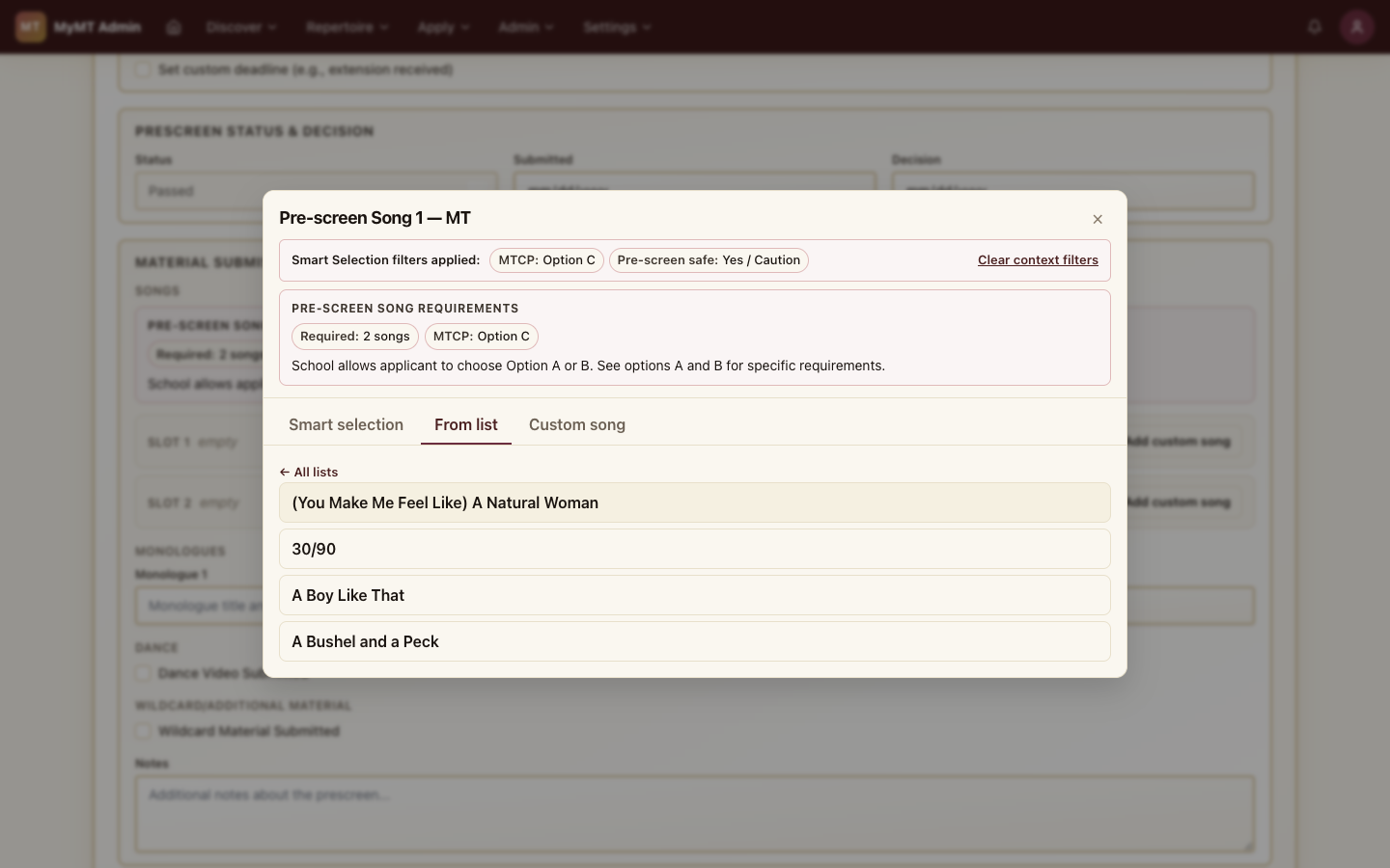 The From List tab of the picker, showing a student's personal repertoire list expanded with individual song titles.