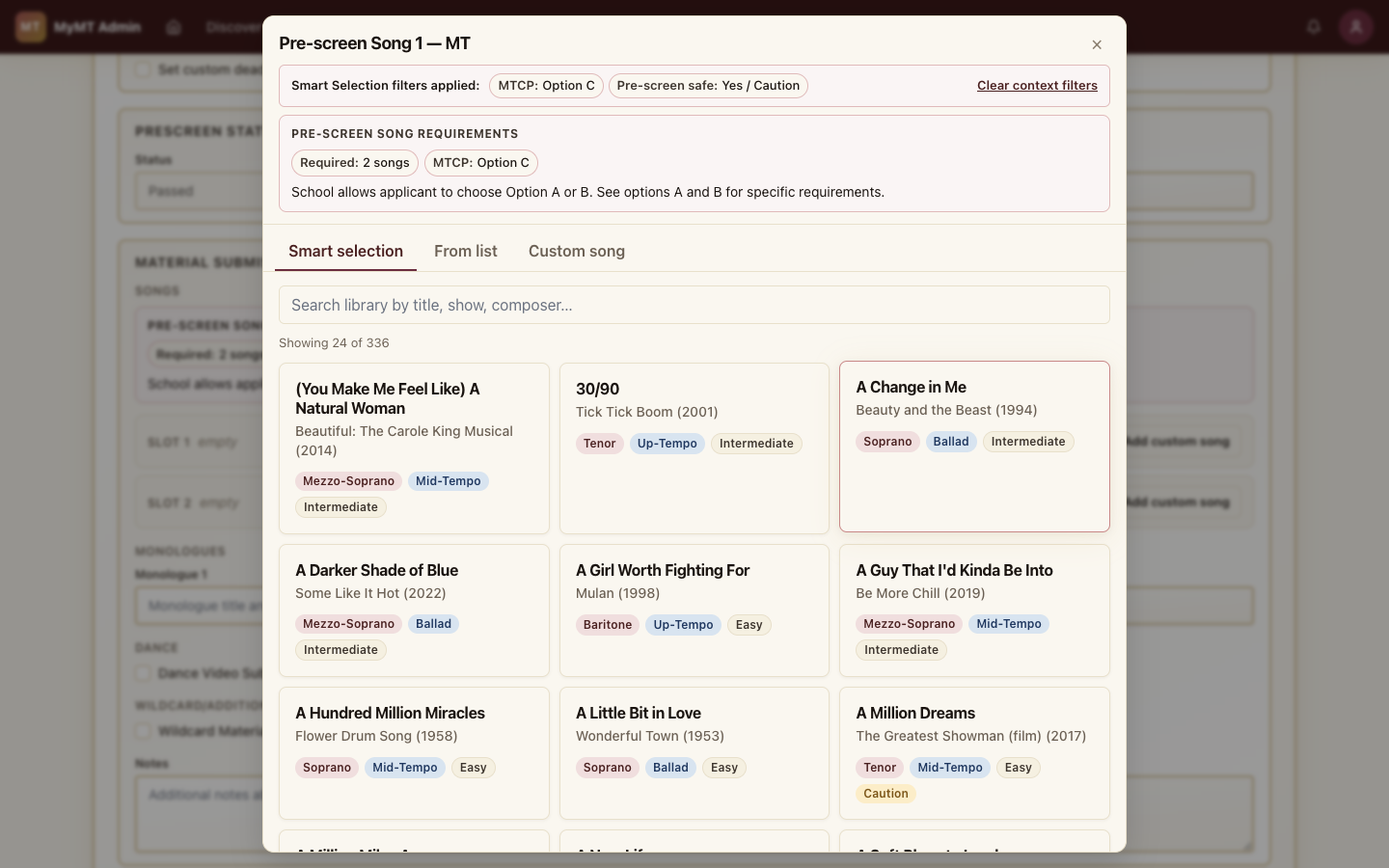 The Smart Selection tab of the song picker, with filter chips for MTCP option and pre-screen safety auto-applied.