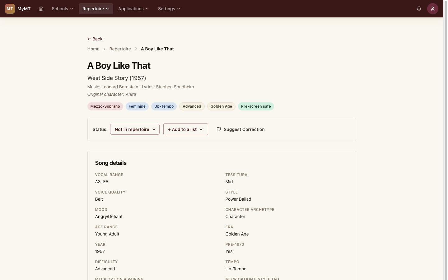 A song detail page showing voice type, vocal range, era, prescreen-safety, and a cued-up reference video.